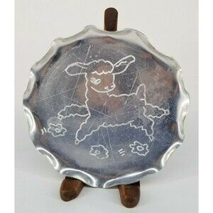 Vintage Tin Child's Play Dish Plate Silver Lamb Sheep 6" Scalloped Edges 60s Toy